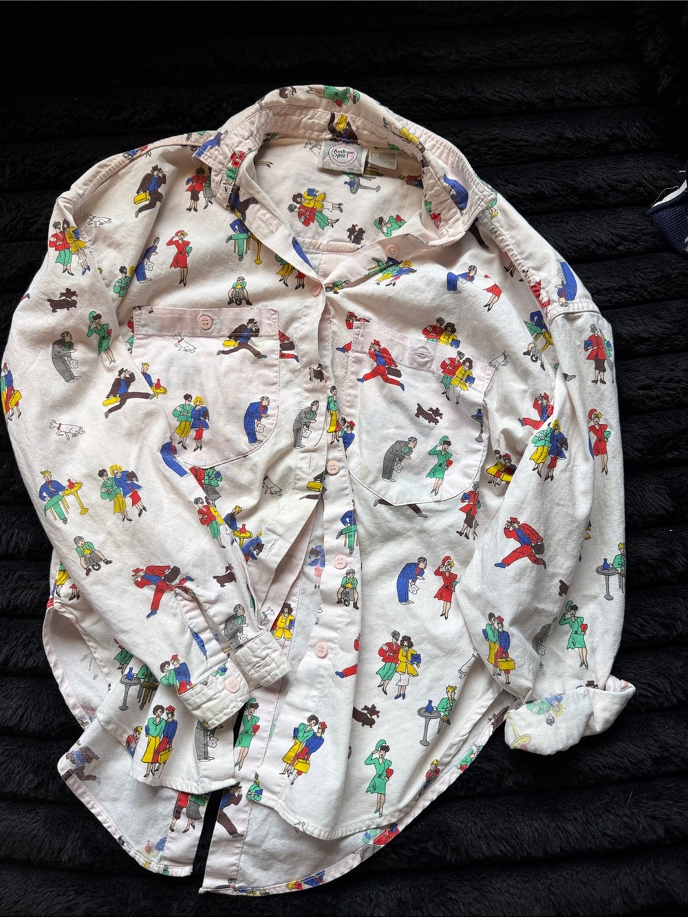 Vintage cotton Women’s Button-Down Shirt with Multicolor People Print - White